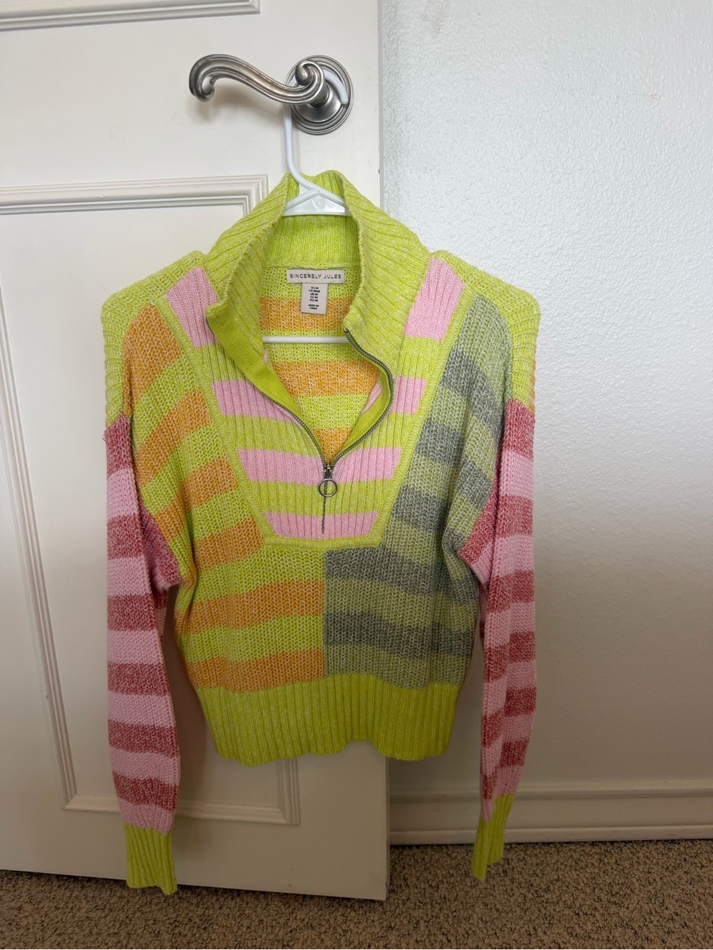 Sincerly Jules Neon Lime Multi-Stripe Half-Zip Sweater